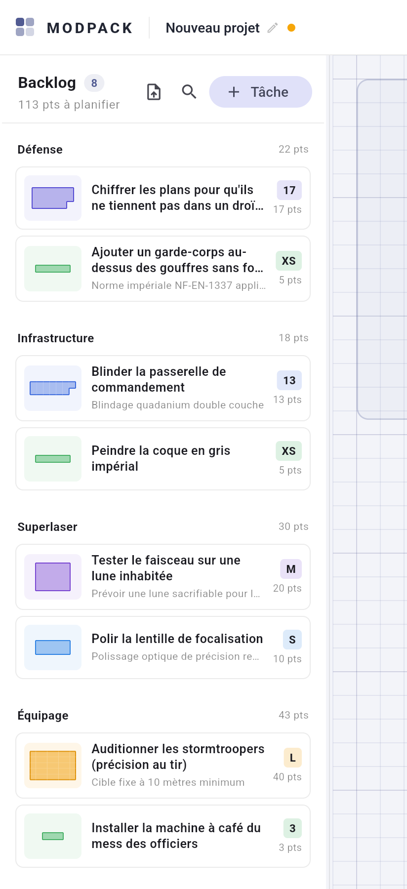 Le backlog après import du CSV d'exemple : tâches groupées par périmètre avec leurs silhouettes
