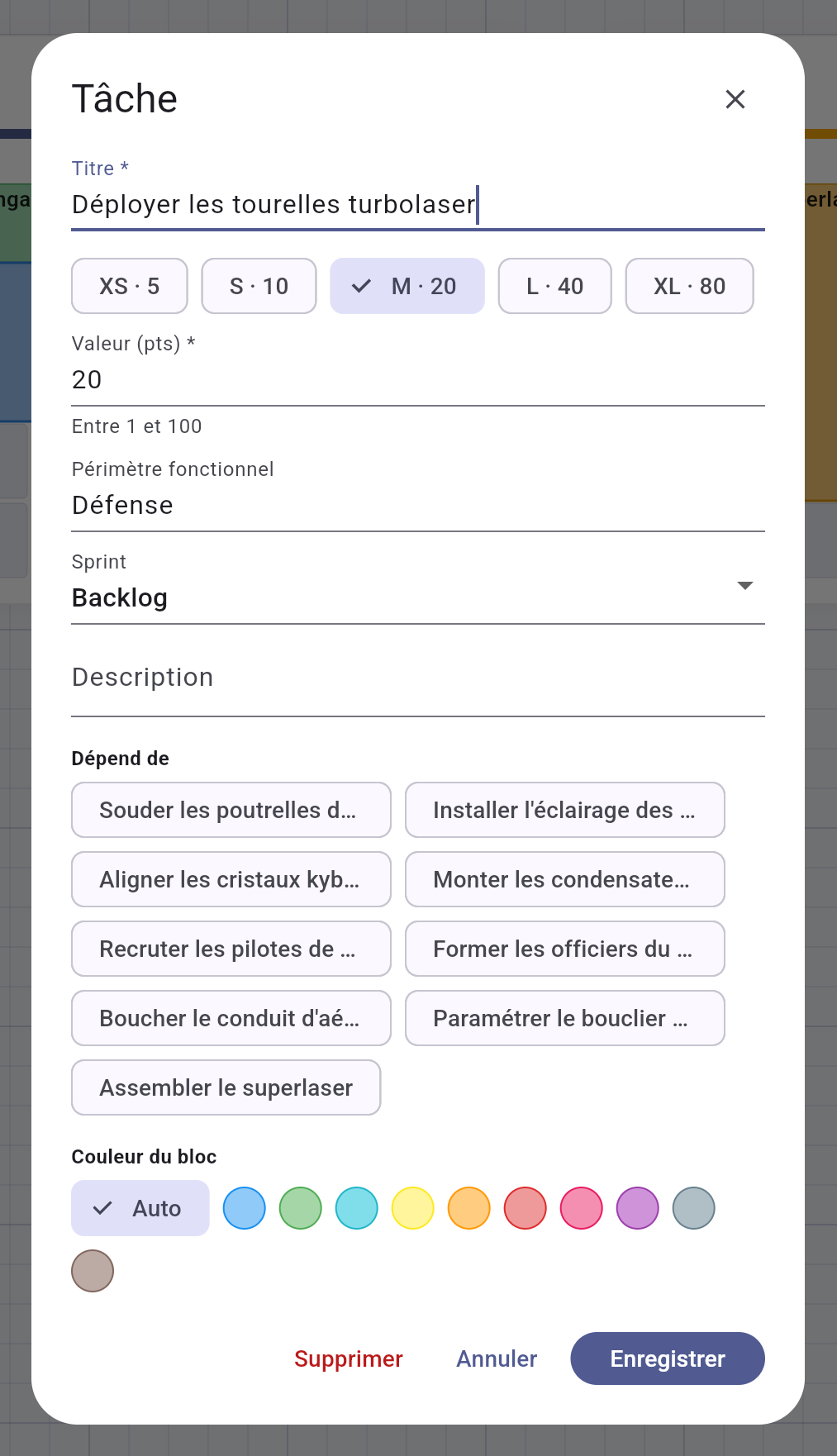 Le dialogue de tâche : titre, chips de chiffrage, périmètre, description, couleur