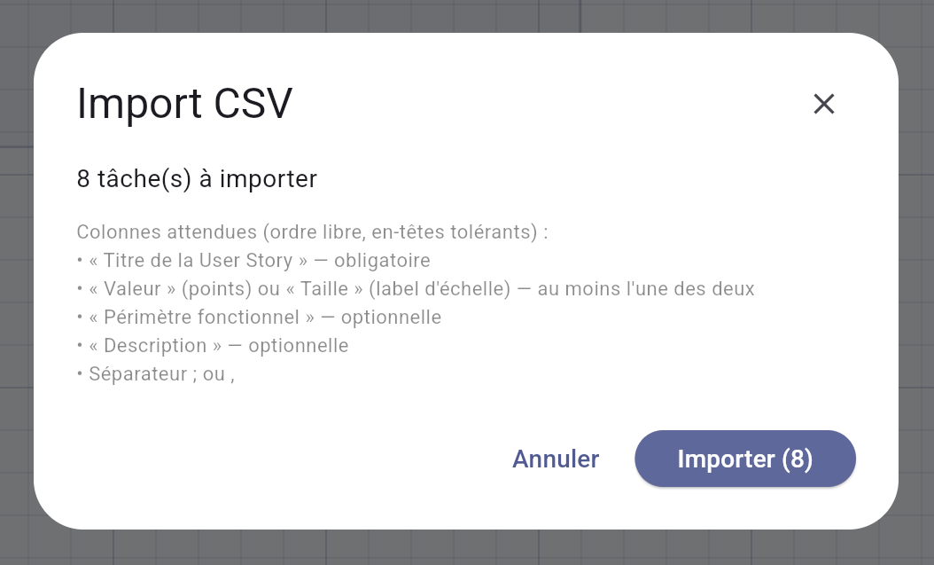 Le rapport d'import CSV : 8 tâches reconnues, prêtes à importer